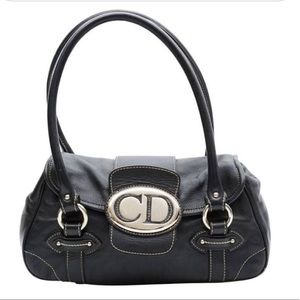 Dior CD Flap Shoulder Bag 14x10x5in silver and black leather.